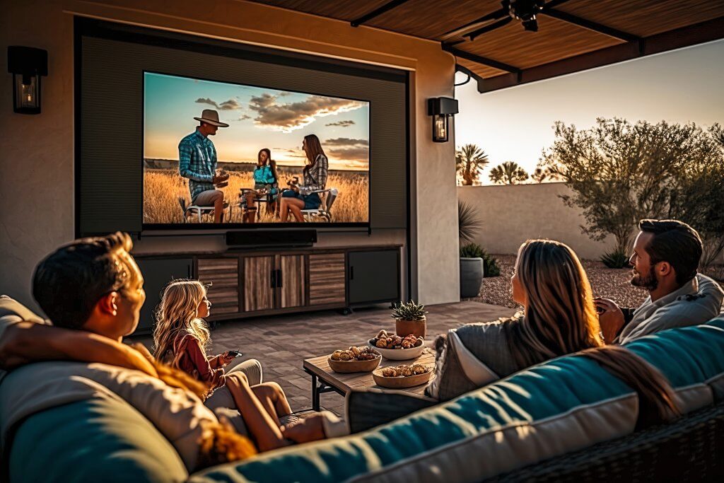 family watches a movie on their TV outside