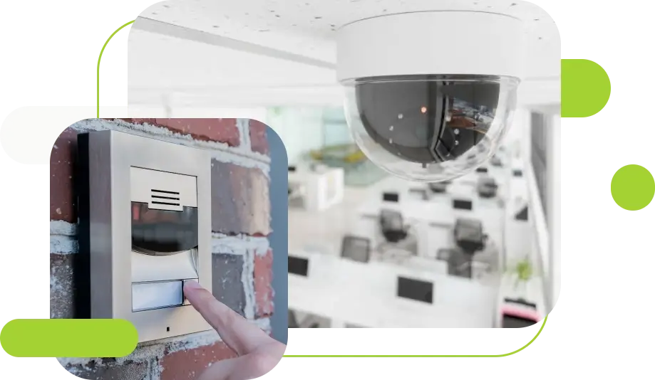 person pushing button for paging system with close up image of security camera to the right